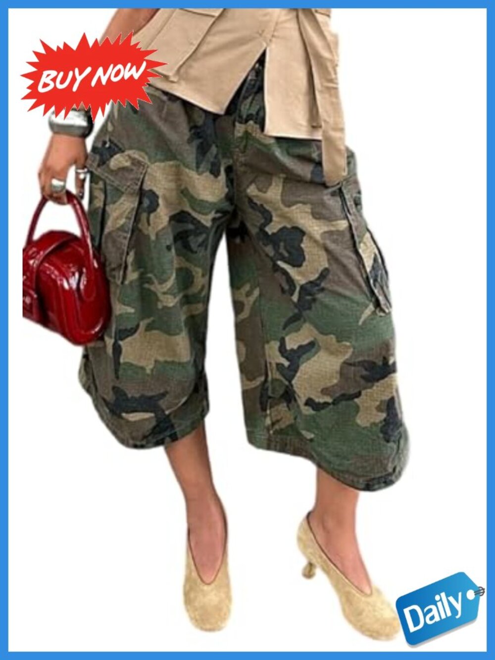 Womens Baggy Cargo Jeans Camo Wide Leg Harem Capri Denim Pants